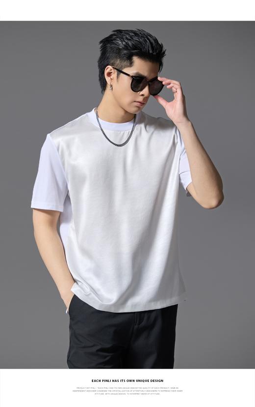 PINLI品立2025春夏新款潮牌宽松短袖T恤男士简约百搭拼料休闲上衣B252111003 商品图2