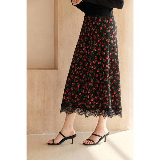 HeyDress原创玫瑰印花半身裙女春季法式优雅浪漫蕾丝拼接a字半裙 商品图2