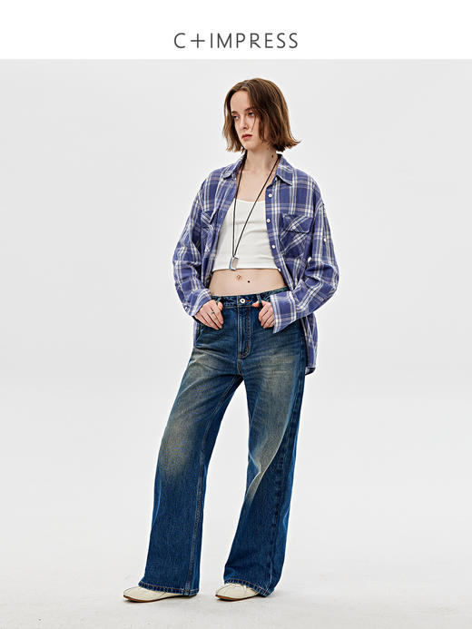 C+IMPRESS西嘉|全棉仿麻蓝色格子衬衫女2025春季新款长袖上衣衬衣CS2501029 商品图3