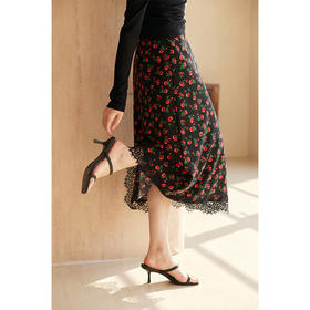HeyDress原创玫瑰印花半身裙女春季法式优雅浪漫蕾丝拼接a字半裙