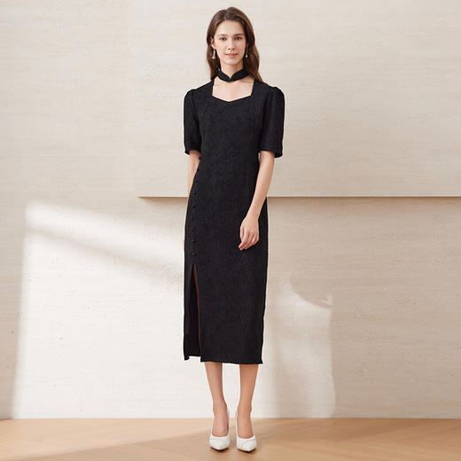 EITIE爱特爱春季新款时尚通勤改良旗袍开叉显瘦纯色连衣裙7707403 商品图1