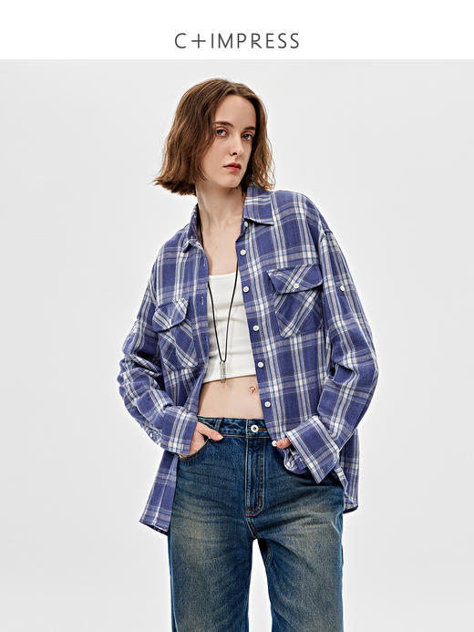 C+IMPRESS西嘉|全棉仿麻蓝色格子衬衫女2025春季新款长袖上衣衬衣CS2501029 商品图0