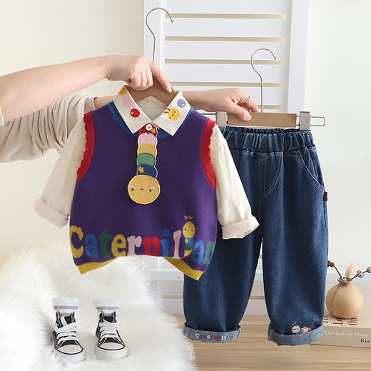 【新品抢先看！春款套装！】男童套装 春装2025新款 洋气婴儿童 春季帅气毛衣马甲三件套 宝宝潮衣-QQ 商品图1
