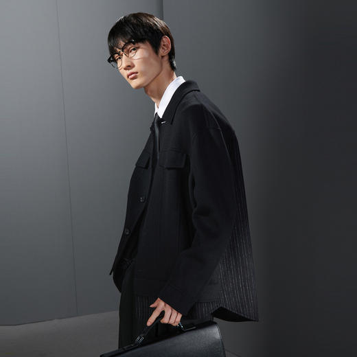GXG男装  黑色拼接宽松含羊毛时尚短大衣毛呢外套  冬季热卖气质大衣 商品图2
