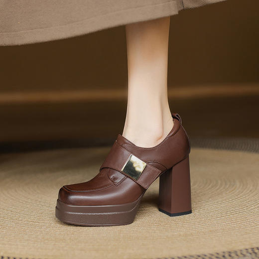 【预售5天】圆头厚底牛皮深口单鞋皮鞋，黑色魔术贴防水台乐福鞋NWS1&N9706 商品图1