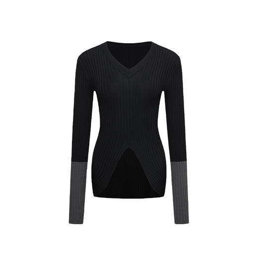 NUTH 撞色袖口修身不规则下摆针织衫V领上衣女黑灰/深浅蓝/红米色 商品图4