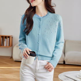CC-27-2502春季新款女装订珠蕾丝领长袖小香风开衫针织衫外套宽松毛衣女