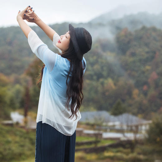 【林栖设计小店】桑蚕丝衬衫绣花优雅渐变多色开衩飞片2025春季新品上衣女1932147B 商品图2