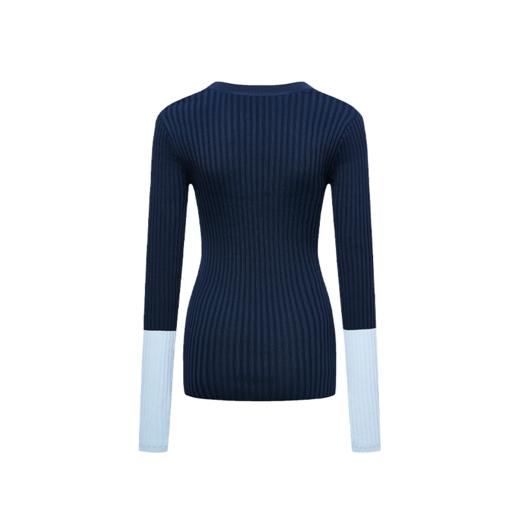 NUTH 撞色袖口修身不规则下摆针织衫V领上衣女黑灰/深浅蓝/红米色 商品图13