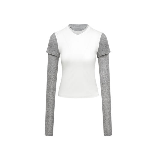 NUTH 亲肤裸感假两件撞色针织叠穿长袖T恤打底衫 黑红灰/灰白色 商品图7