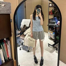 ROMI STUDIO【高品质】复古休闲高腰抽绳灰色舒适短裤K3216