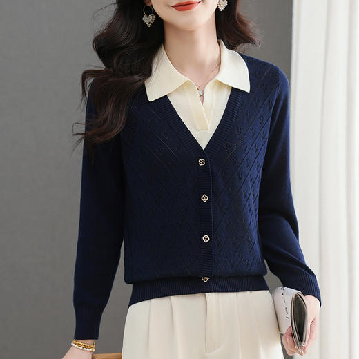 CC-103-5501翻领polo长袖t恤女士针织衫2025春秋新款洋气镂空打底上衣假两件 商品图3