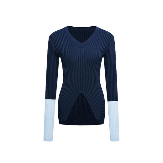 NUTH 撞色袖口修身不规则下摆针织衫V领上衣女黑灰/深浅蓝/红米色 商品图11