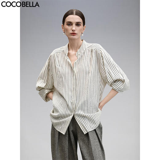COCOBELLA设计感捏褶小立领条纹衬衫宽松休闲精致衬衣SR0019 商品图1