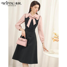 未风黑色娃娃领打底连衣裙女初春2025春季新款时尚假两件长袖裙子