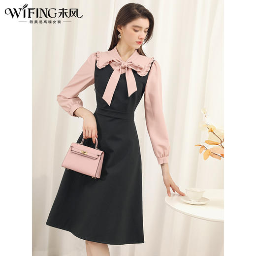 未风黑色娃娃领打底连衣裙女初春2025春季新款时尚假两件长袖裙子 商品图0