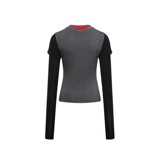 NUTH 亲肤裸感假两件撞色针织叠穿长袖T恤打底衫 黑红灰/灰白色 商品图6