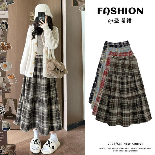 毛呢蛋糕半身裙春秋款高腰显瘦慵懒小个子中长裙磨毛拼接格子裙女 商品图0