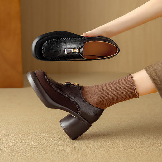 【预售5天】经典百搭新款牛皮轻便舒适，厚底乐福鞋前拉链防水台粗高跟单鞋MLD&AM916 商品图0