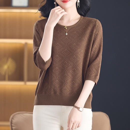 CC-13-2823洋气圆领半袖针织衫女士2025春秋新款遮肚子七分中袖上衣 商品图1