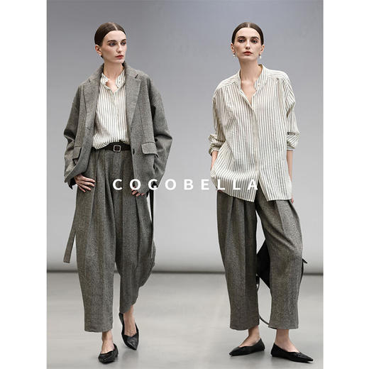 COCOBELLA设计感捏褶小立领条纹衬衫宽松休闲精致衬衣SR0019 商品图2