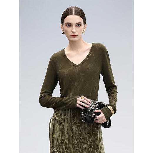 【秒杀】COCOBELLA细闪亮葱提花V领针织衫优雅气质通勤长袖毛衣TS3022 商品图1