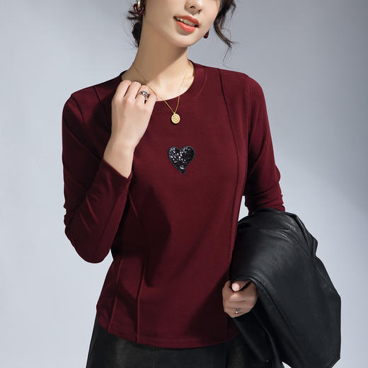 百媚生 爱心刺绣圆领百搭显瘦棉质上衣女M657 商品图2