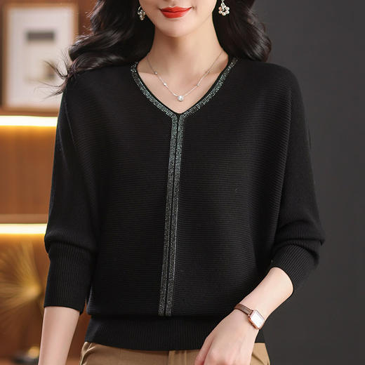 CC-102-8778春秋新款V领薄款蝙蝠袖针织打底衫镶钻洋气百搭女装上衣毛衣秋冬 商品图2