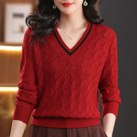 CC-102-8773春秋镂空女上衣宽松拼色简约时尚V领套头螺纹百搭毛衣打底针织衫 商品图2