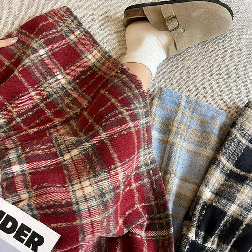 毛呢蛋糕半身裙春秋款高腰显瘦慵懒小个子中长裙磨毛拼接格子裙女 商品图3