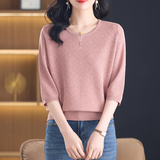 CC-13-2823洋气圆领半袖针织衫女士2025春秋新款遮肚子七分中袖上衣 商品图3
