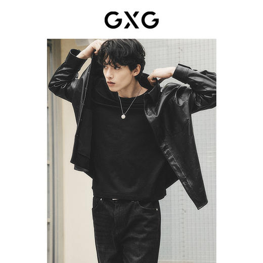 GXG男装 城市回溯黑色柔软皮衣暗纹满印翻领衬衫外套  秋季热卖 商品图3