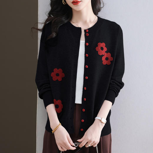CC-11-9115小个子针织开衫女士2025春秋季新款洋气提花朵圆领薄外套外搭上衣 商品图3