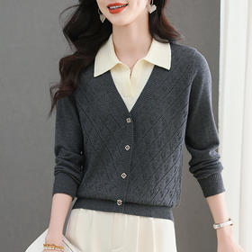 CC-103-5501翻领polo长袖t恤女士针织衫2025春秋新款洋气镂空打底上衣假两件