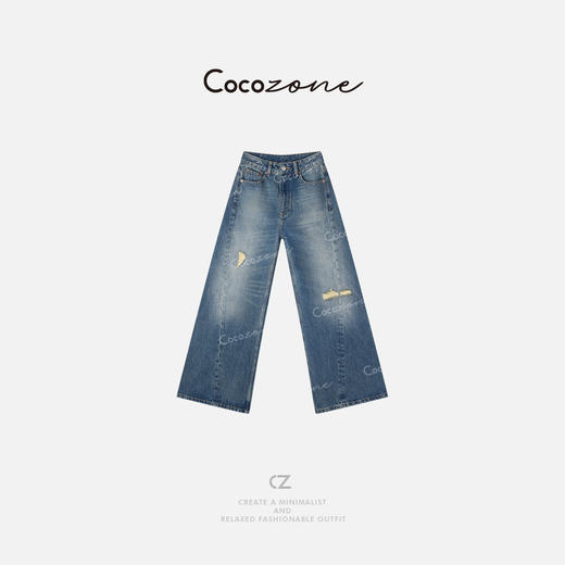 COCO ZONE 100棉美式水洗破洞宽松阔腿牛仔裤CD1A0153 商品图0