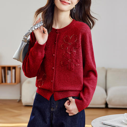 CC-27-2501春装女款2025年新款开衫针织衫短款低领小香风立体花朵亮片毛衣女 商品图0