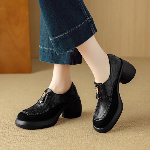 【预售5天】经典百搭新款牛皮轻便舒适，厚底乐福鞋前拉链防水台粗高跟单鞋MLD&AM916 商品图2