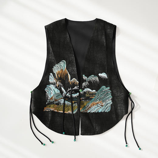 丁摩 老料龟裂纹香云纱桑蚕丝马甲千里江山图国风刺绣重工马夹百搭真丝背心上衣5ZF-0033 商品图1