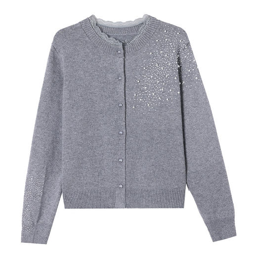 CC-27-2502春季新款女装订珠蕾丝领长袖小香风开衫针织衫外套宽松毛衣女 商品图4