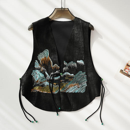 丁摩 老料龟裂纹香云纱桑蚕丝马甲千里江山图国风刺绣重工马夹百搭真丝背心上衣5ZF-0033 商品图0