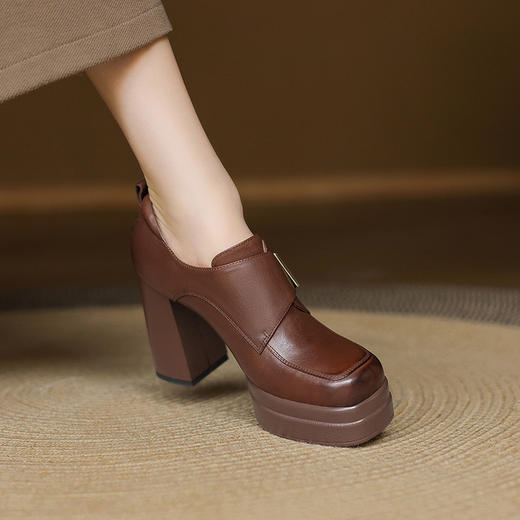 【预售5天】圆头厚底牛皮深口单鞋皮鞋，黑色魔术贴防水台乐福鞋NWS1&N9706 商品图2