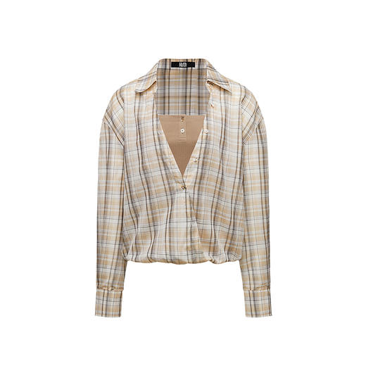 NUTH 复古拼接假两件格纹短款V领长袖衬衫外套女 商品图4