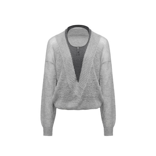 NUTH 假两件宽松深V领毛衣针织衫女 灰色/米白色（发货时间同步天猫） 商品图2