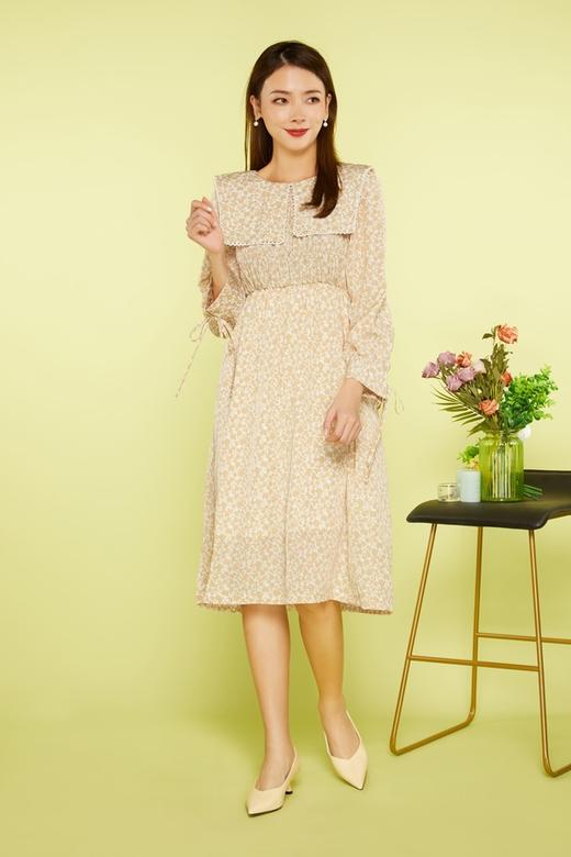 amadella 米杏色碎花抽褶连衣裙 11398 商品图1