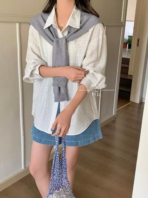 【GZ】无忧购韩系格子小清新人棉百搭宽松大版衬衫+披肩两件套8868（截单后7天发货) 商品图2