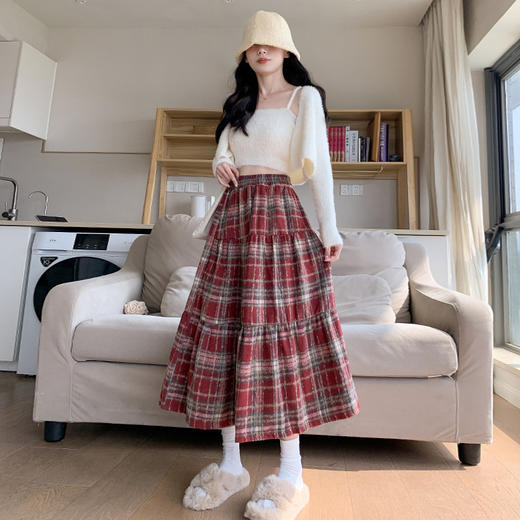毛呢蛋糕半身裙春秋款高腰显瘦慵懒小个子中长裙磨毛拼接格子裙女 商品图2