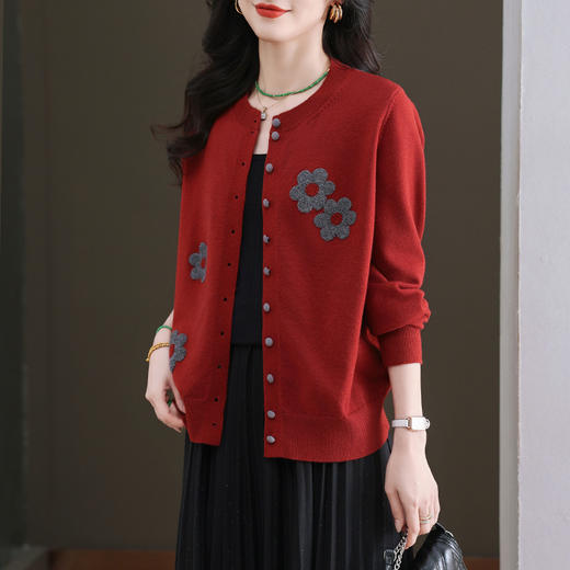 CC-11-9115小个子针织开衫女士2025春秋季新款洋气提花朵圆领薄外套外搭上衣 商品图0