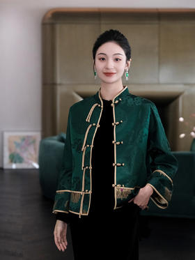 瑕疵|盛唐婧 |中式国风祖母绿库缎八仙纹外套[特价品](特殊商品不退不换)
