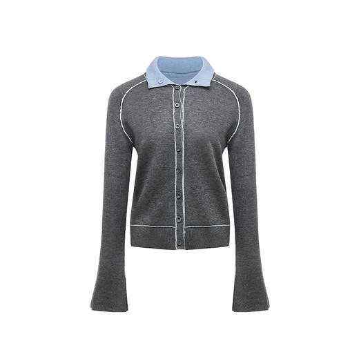 NUTH 正反两穿撞色针织开衫毛衣喇叭袖针织衫女蓝灰拼色 商品图7