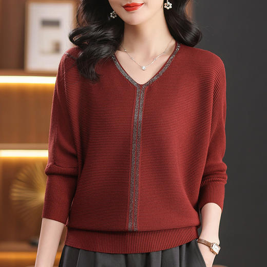 CC-102-8778春秋新款V领薄款蝙蝠袖针织打底衫镶钻洋气百搭女装上衣毛衣秋冬 商品图0